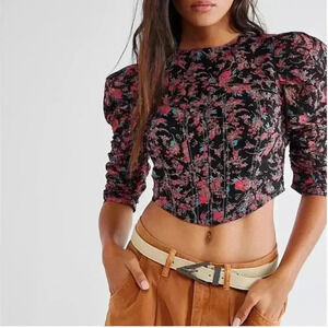 Free People Monica Top, Floral Open Back Puff Sleeve Cinched Waist Blouse Med